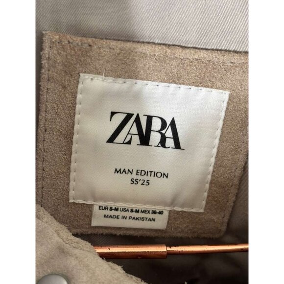 ZARA Mens Edition Long Sleeve Snap Button Suede Hoodie Jacket Tan Brown Size S-M - Picture 11 of 14